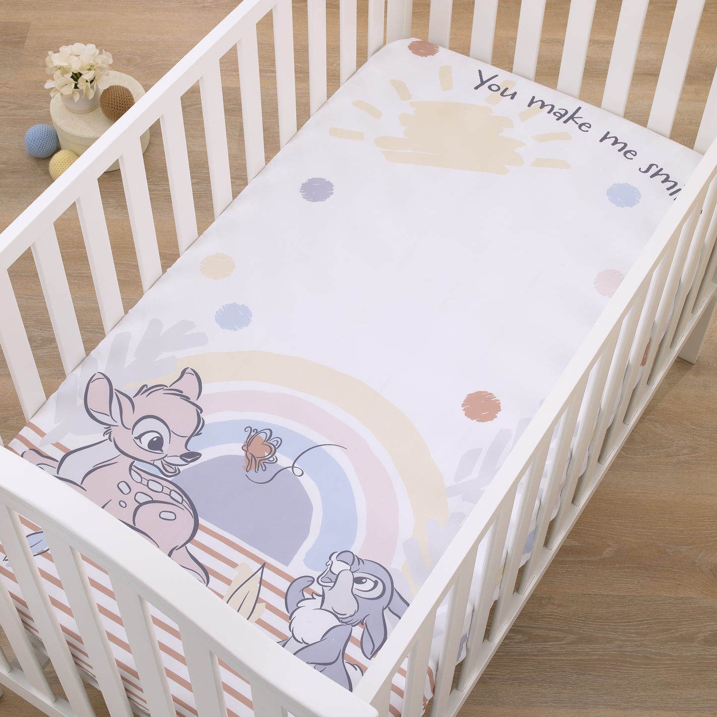 Disney B is for Bambi Tan, Gray, Blue, and White You Make Me Smile Photo Op Fitted Crib Sheet