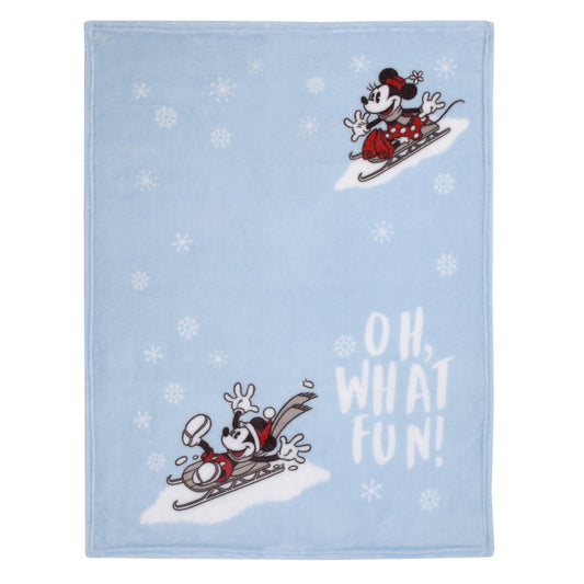 Disney Mickey and Minnie Mouse Blue, White and Red Winter Holiday "Oh, What Fun!" Snowflakes Photo Op Super Soft Baby Blanket