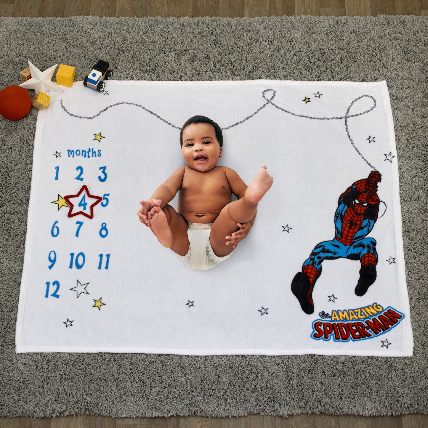 Marvel Amazing Spiderman Red, White, and Blue Super Soft Milestone Baby Blanket