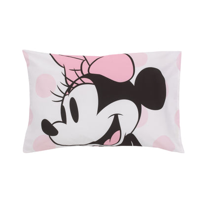 Disney Minnie Mouse - Pink, White and Black 4 Piece Toddler Bed Set with Comforter, Fitted Bottom Sheet, Flat Top Sheet and Standard Size Pillowcase