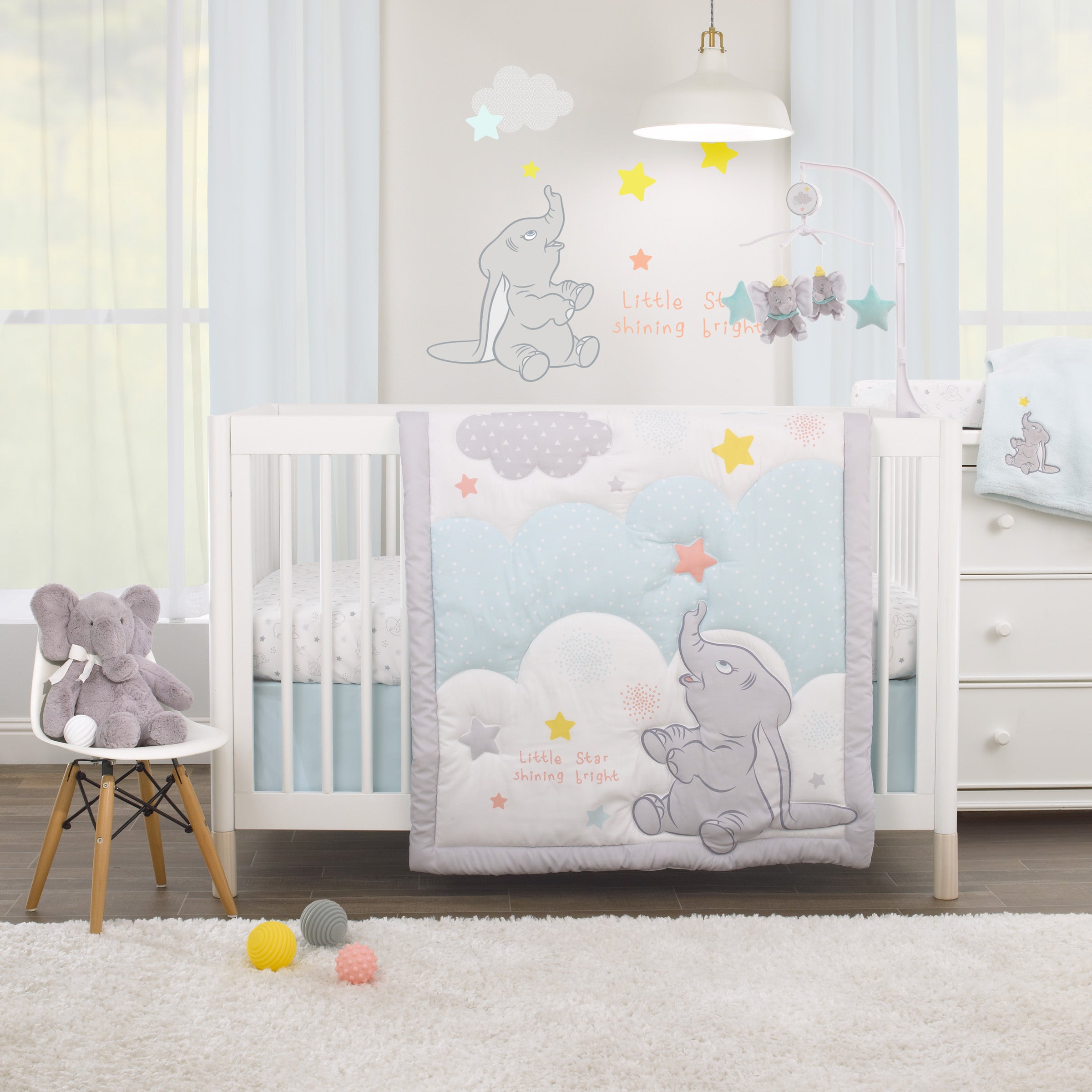 Disney Dumbo Shine Bright Lil Star Light Blue Gray and White Stars and Clouds 4 Piece Nursery Crib Bedding Set Comforter Fitted Crib Sheet Changing Pad Cover and Crib Skirt NoJo Baby