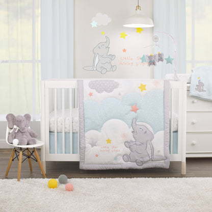 Disney Dumbo Shine Bright Lil Star Light Blue, Gray, and White Stars and Clouds 4 Piece Nursery Crib Bedding Set - Comforter, Fitted Crib Sheet, Changing Pad Cover, and Crib Skirt