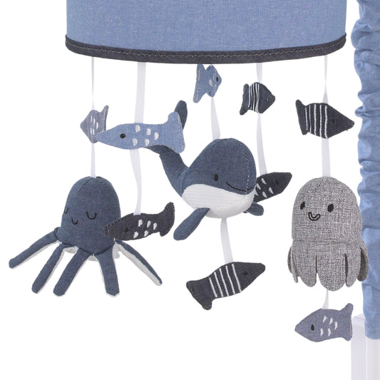 Ever & Ever Marine Navy, Chambray, and Gray Plush Whales, Octopus, and Fishes Musical Mobile