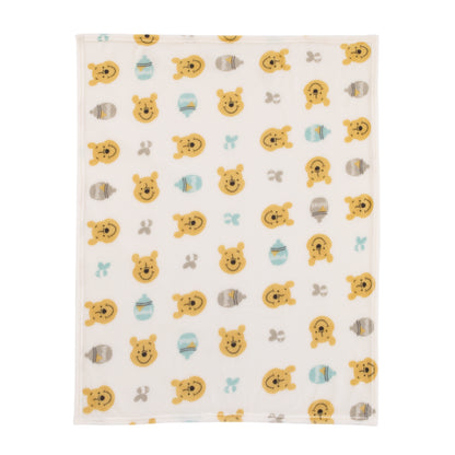 Disney Winnie The Pooh - Ivory, Yellow and Aqua Super Soft Plush Baby Blanket