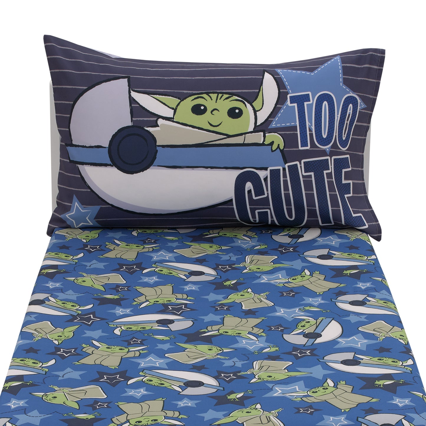 Star Wars The Child Cutest in the Galaxy Blue, Green, and Gray Grogu and Hover Pod 2 Piece Toddler Sheet Set - Fitted Bottom Sheet and Reversible Pillowcase