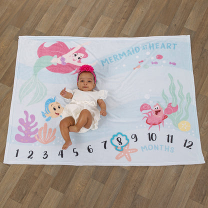Disney The Little Mermaid Ariel, Aqua, Pink and Green, Super Soft Milestone Baby Blanket