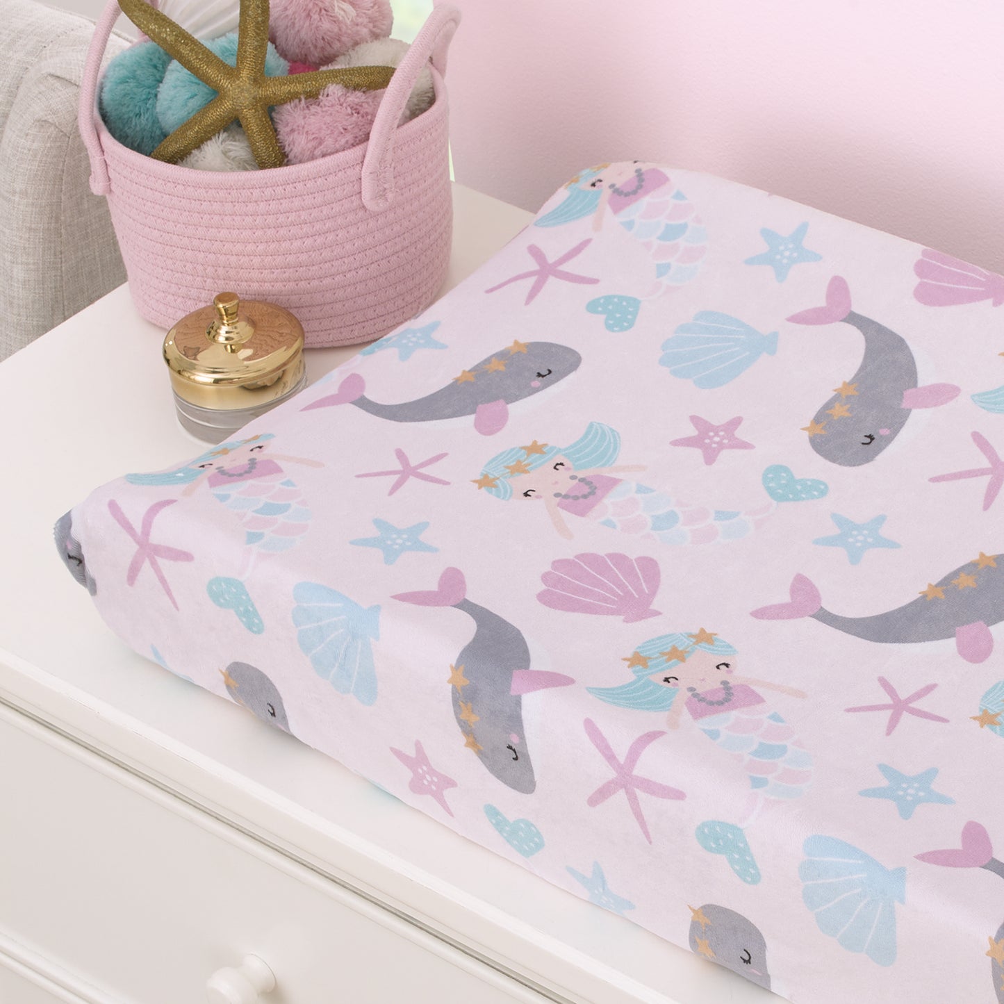 NoJo Sugar Reef Mermaid Pink, Aqua, Gray Super Soft Contoured Changing Pad Cover