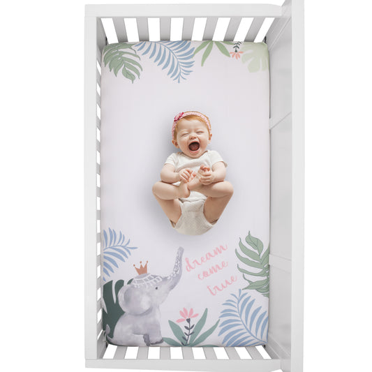 Tropical Princess Elephant/Jungle Pink and Green 100% Cotton Photo Watercolor Crib Sheet