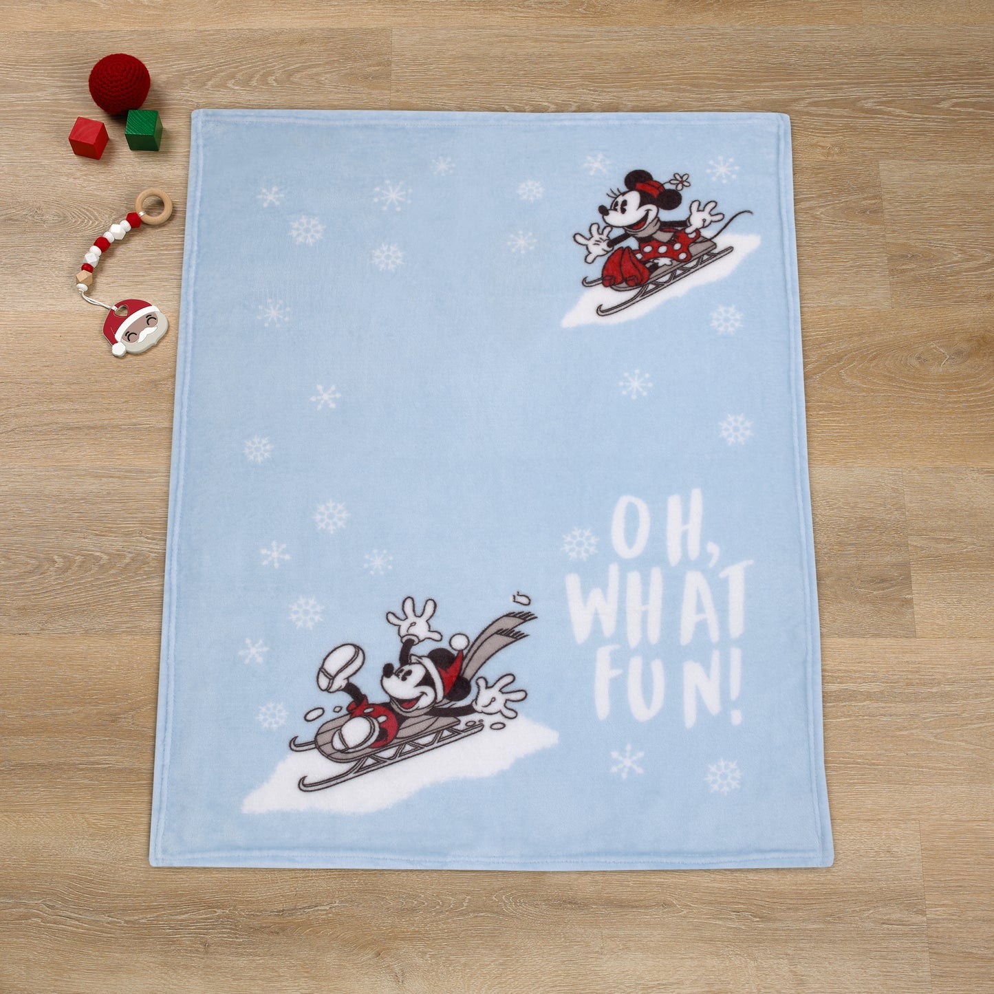Disney Mickey and Minnie Mouse Blue, White and Red Winter Holiday "Oh, What Fun!" Snowflakes Photo Op Super Soft Baby Blanket