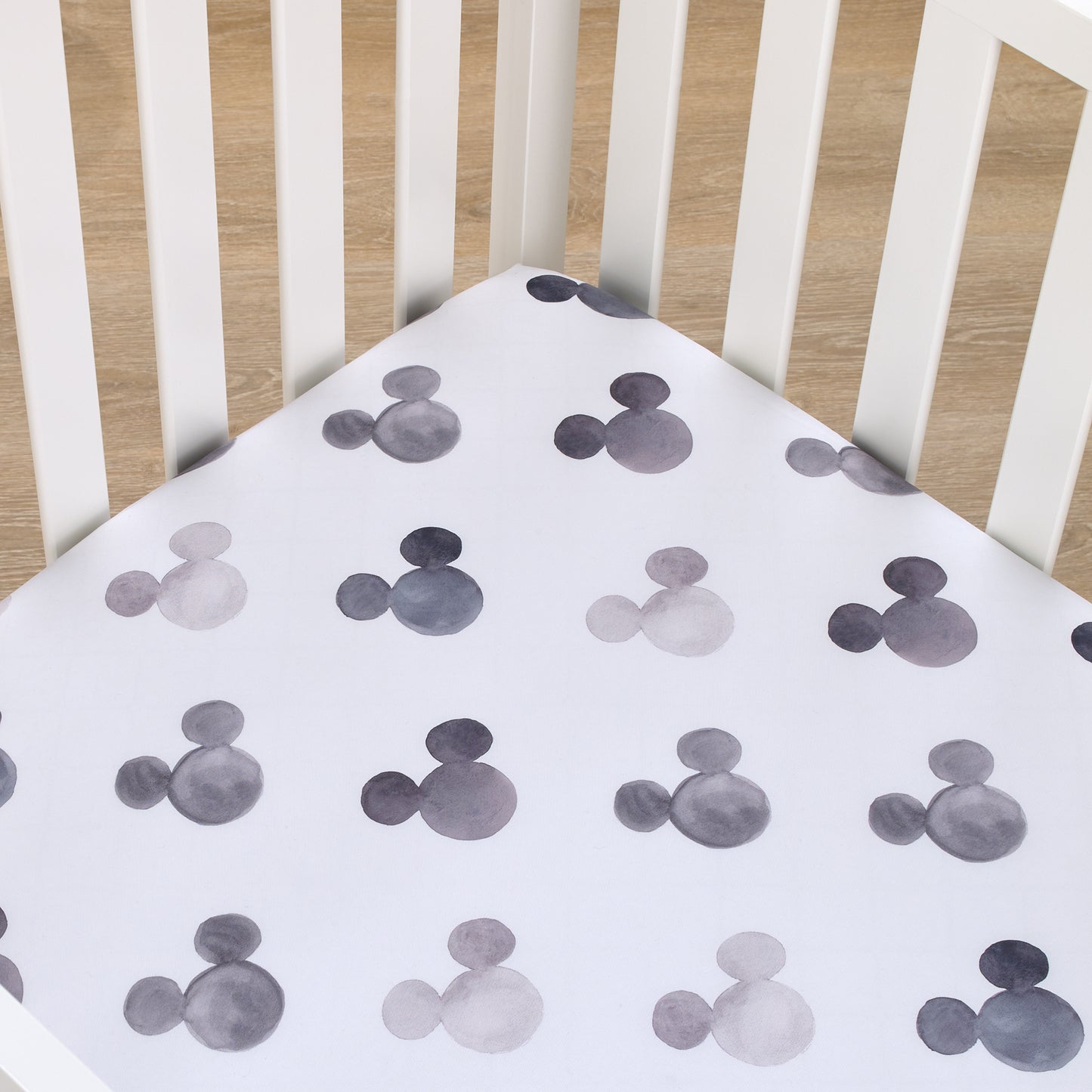 Disney Mickey Mouse - Black, White and Gray Watercolor Mickey Ears Nursery Fitted Mini Crib Sheet