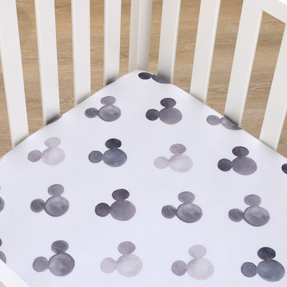 Disney Mickey Mouse - Black, White and Gray Watercolor Mickey Ears Nursery Fitted Mini Crib Sheet