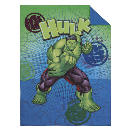 Marvel The Incredible Hulk Green, and Blue 4 Piece Toddler Bed Set - Comforter, Fitted Bottom Sheet, Flat Top Sheet, and Reversible Pillowcase