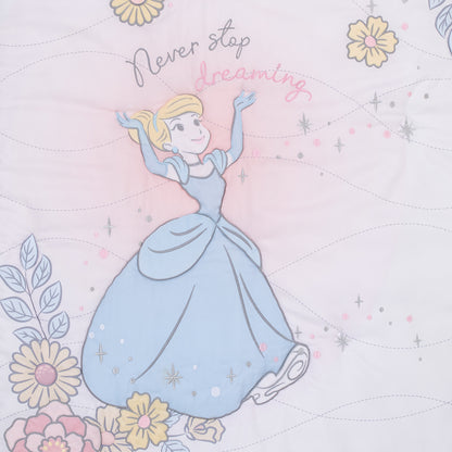 Disney Sweet Princess Light Blue, Pink, and White Cinderella 3 Piece Nursery Crib Bedding Set - Comforter, 100% Cotton Fitted Crib Sheet and Crib Skirt