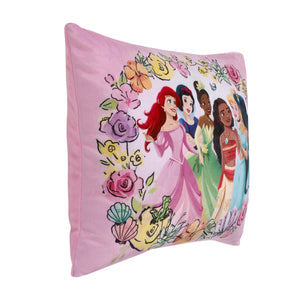 Disney Princesses Courage and Kindness Pink, Blue, Green and Yellow Ariel and Snow White, Tiana and Moana, Cinderella, and Jasmine Toddler Pillow