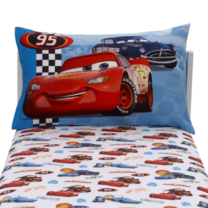 Disney Cars Radiator Springs White, Blue, and Red Lightning McQueen and Tow-Mater 2 Piece Toddler Sheet Set - Fitted Bottom Sheet and Reversible Pillowcase