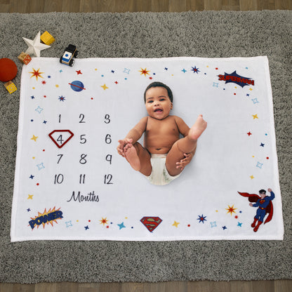 Warner Brothers Superman White and Red Power, Icon, and Stars Milestone Baby Blanket