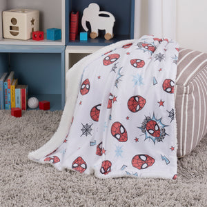 NoJo Marvel Spider-Man Super Hero Plush Sherpa Baby Blanket, Red, Gray, White