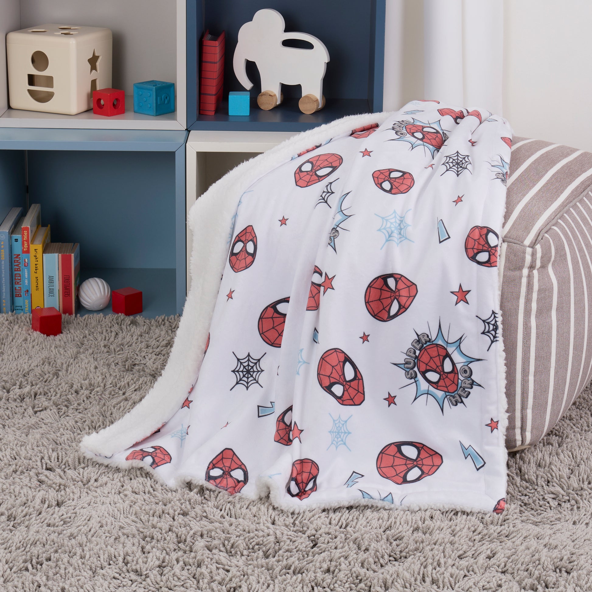 NoJo Marvel Spider-Man Super Hero Plush Sherpa Baby Blanket, Red, Gray, White