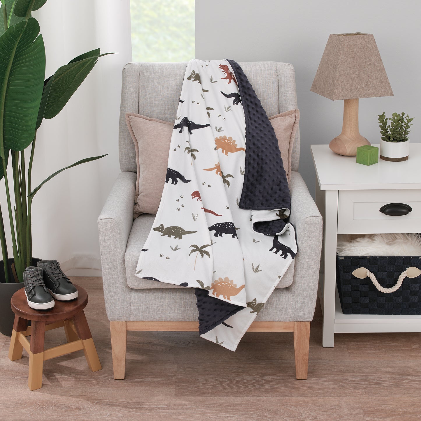 Little Love by NoJo Dino White, Navy, and Tan Palm Trees Super Soft Baby Blanket