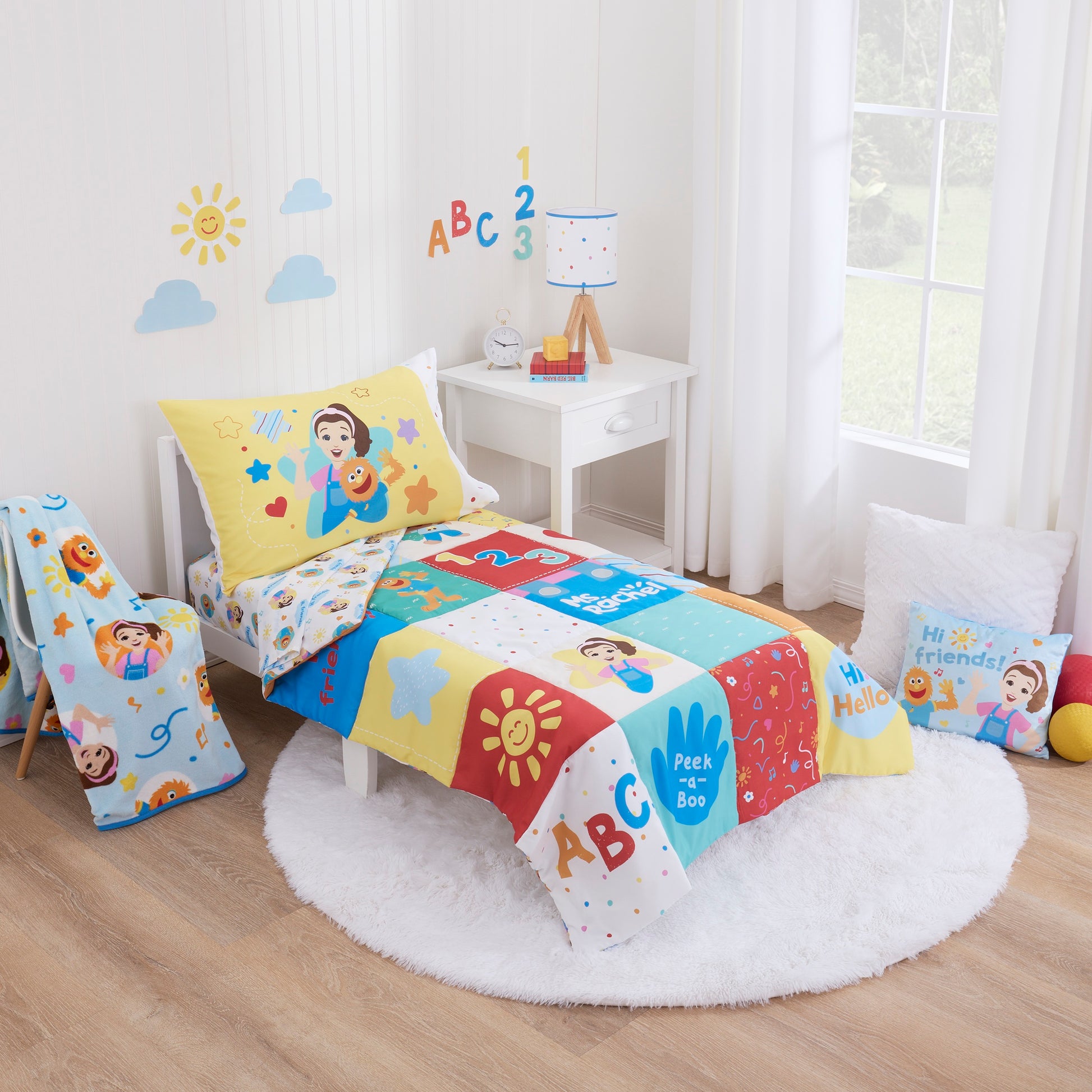 Ms. Rachel Happy Patchwork Decorative Toddler Pillow, Blue, Pink, & Orange