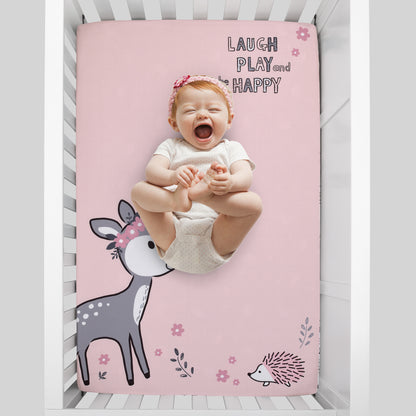Little Love by NoJo Sweet Deer Pink and Grey Laugh Play & Be Happy Photo Op Fitted Mini Crib Sheet