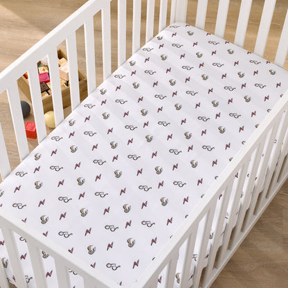 Warner Brothers Harry Potter White, Red, and Gold Lightning Bolt, Golden Snitch, and Glasses Nursery Fitted Crib Sheet