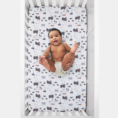 Carter's Woodland Friends White and Multi Colored Bear, Fox, Squirrel, Tree, and Camper Fitted Crib Sheet
