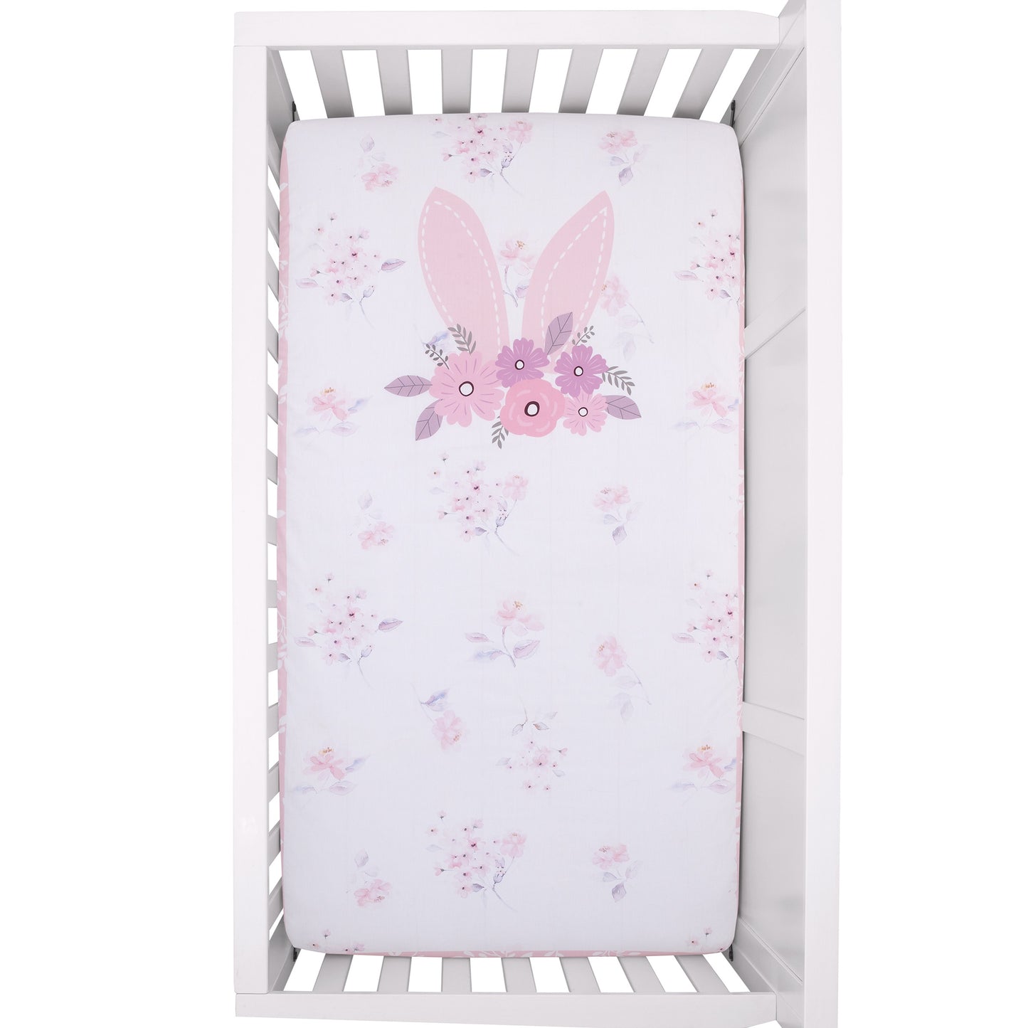 NoJo Flower Bunny Pink, White, and Lavender Bunny Ears 100% Cotton Nursery Photo Op Fitted Crib Sheet