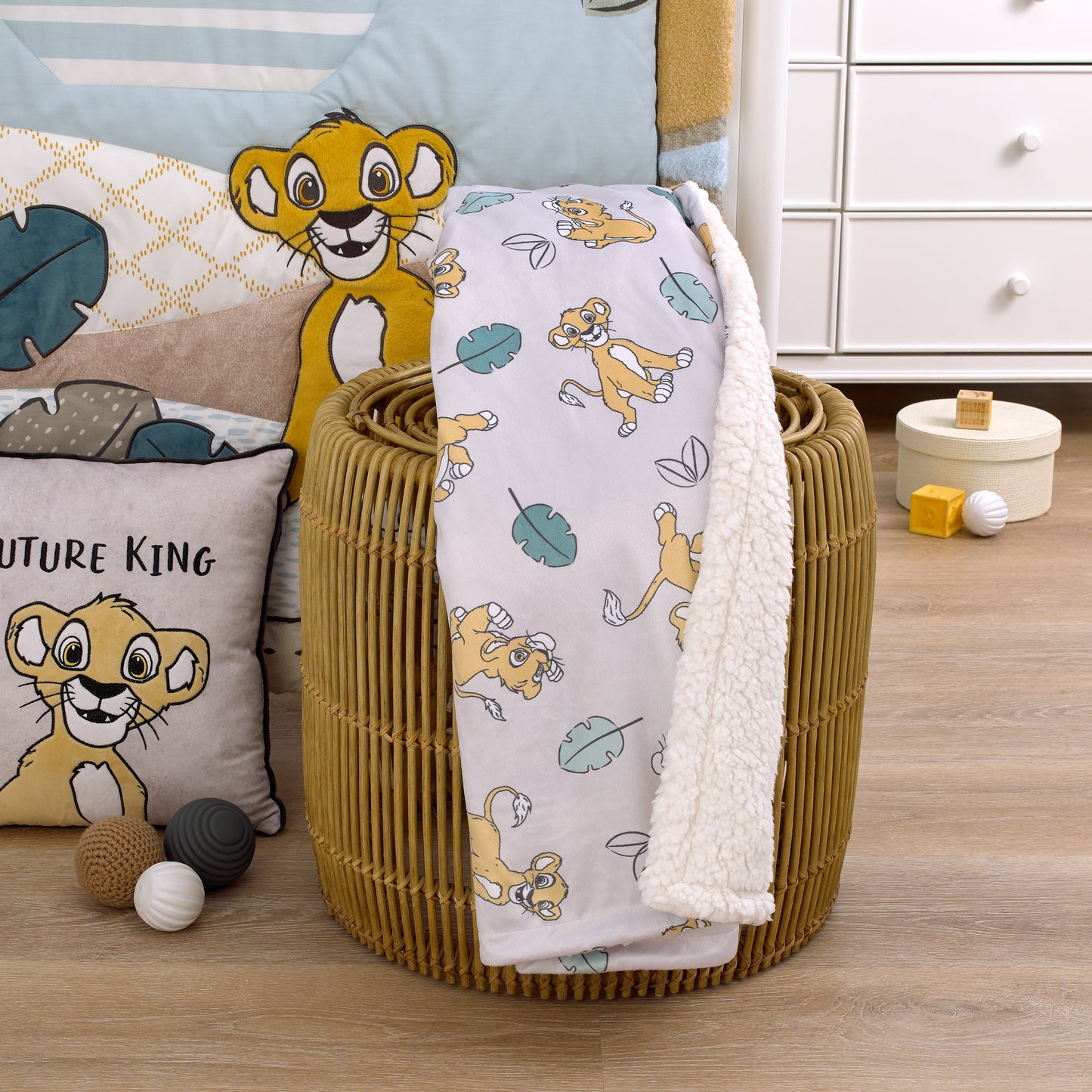 Disney Lion King Ivory, Teal, Sage and Gold Simba Future King Super Soft Sherpa Baby Blanket