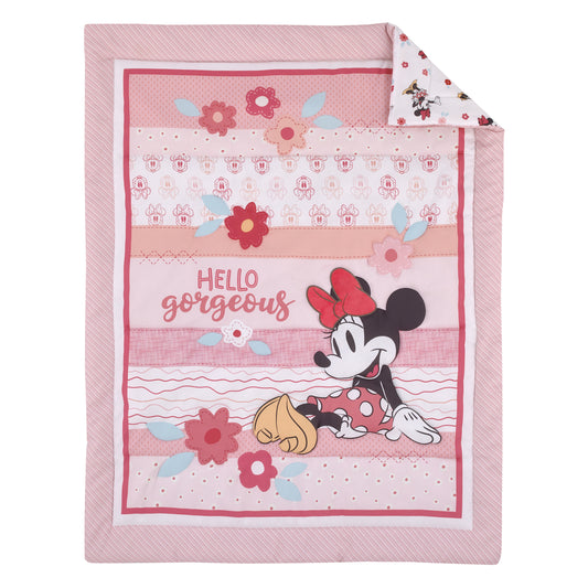 Minnie Mouse Hello Gorgeous Pink and White Floral 3 Piece Nursery Crib Bedding Set - Comforter, Fitted Crib Sheet, and Printed Blanket