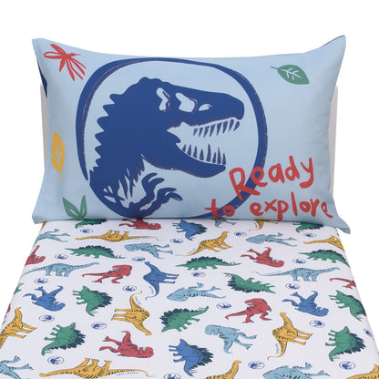 Universal Jurassic World Wild and Free Blue, Green, and Yellow Be Fierce Dinosaur 2 Piece Toddler Sheet Set - Fitted Bottom Sheet and Reversible Pillowcase