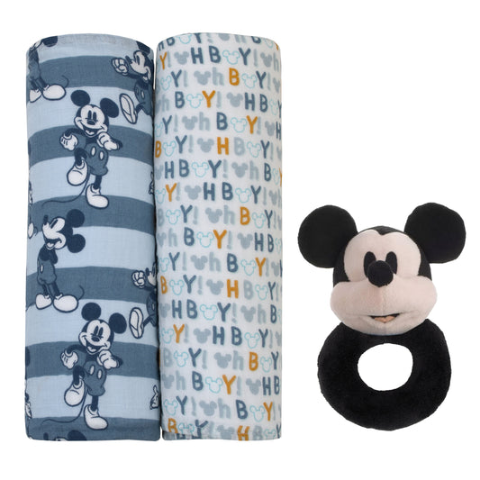Disney Mickey Mouse Blue, White, and Orange 2Pk 100% Cotton Muslin Swaddles with Plush Rattle