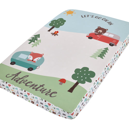 Little Love by NoJo Retro Happy Camper Green and White Let's Go On an Adventure Photo Op Fitted Mini Crib Sheet