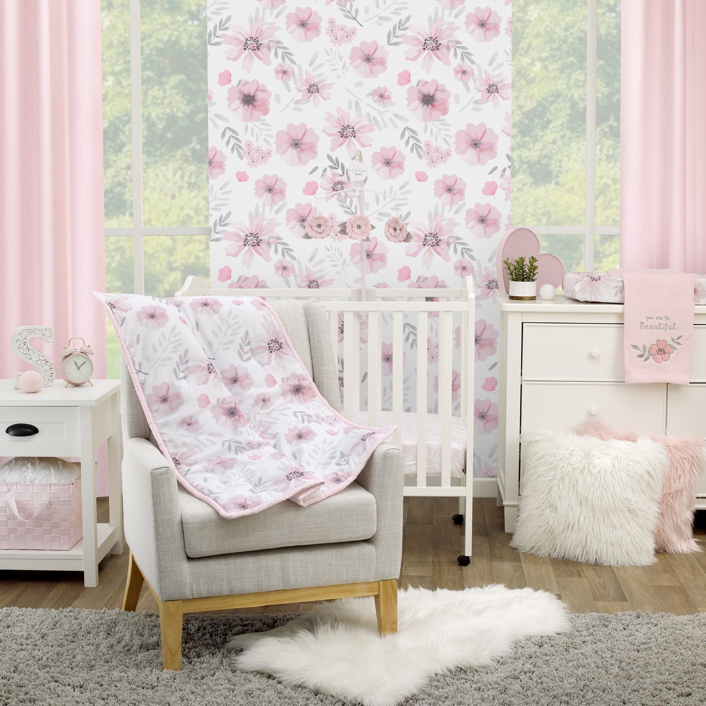 Little Love by NoJo Beautiful Blooms Pink, White, and Grey Floral 3 Piece Nursery Mini Crib Bedding Set - Comforter and Two Fitted Mini Crib Sheets
