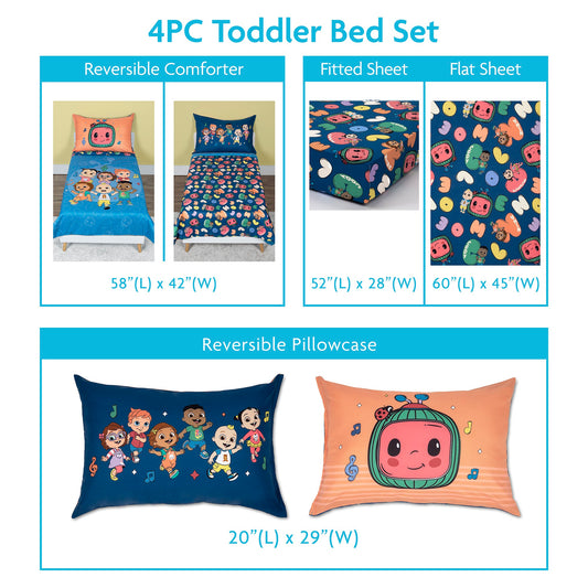 NoJo CoComelon A,B,C Fun 4 Piece Toddler Bed Set - Comforter, Fitted Bottom Sheet, Flat Top Sheet, Reversible Pillowcase, Blue, and Orange