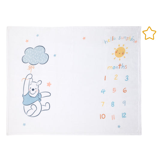 Disney Winnie the Pooh White, Yellow, and Aqua Super Soft Milestone Baby Blanket