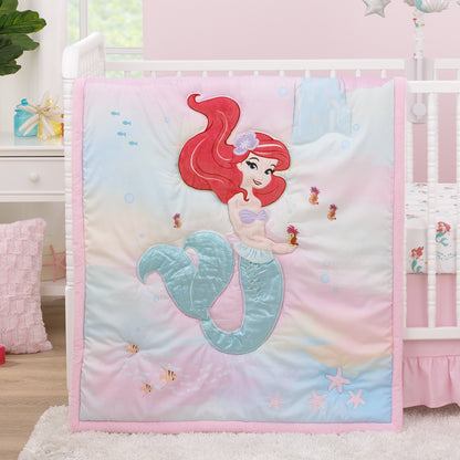 Disney Ariel Watercolor Wishes Aqua, Pink and White 3 Piece Nursery Crib Bedding Set - Comforter, 100% Cotton Fitted Crib Sheet and Crib Skirt