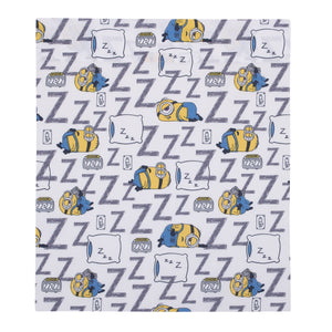 Illumination Lazy Minions Club Gray, Blue, Yellow, and White Let Me Sleep 4 Piece Toddler Bed Set - Comforter, Fitted Bottom Sheet, Flat Top Sheet, and Reversible Pillowcase