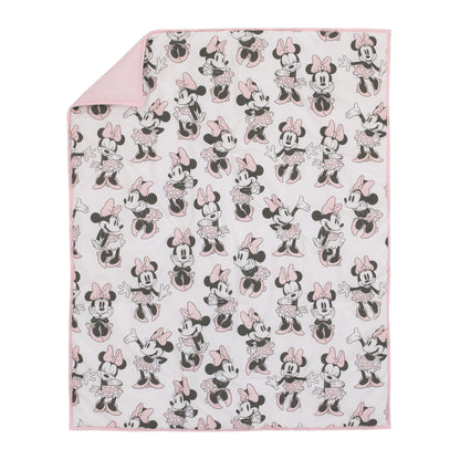 Disney Minnie Mouse 6 Piece Nursery Crib Bedding Set, Comforter, Two 100% Cotton Fitted Crib Sheets, Dust Ruffle, Baby Blanket, Changing Pad Cover, Pink, Grey & White