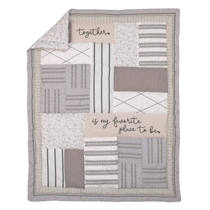 NoJo Together is Better White, Gray, and Taupe Stripes and Dots 4 Piece Nursery Crib Bedding Set - Comforter, 100% Cotton Fitted Crib Sheet, Crib Skirt, and Storage