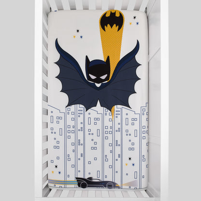 Warner Brothers Batman White and Black Batmobile, Gotham City, and Bat Signal Photo Op Nursery Fitted Crib Sheet