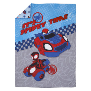 Marvel Spider-Man Spidey and his Amazing Friends Spidey Time Red, Blue, and Grey 4 Piece Toddler Bed Set - Comforter, Fitted Bottom Sheet, Flat Top Sheet, and Reversible Pillowcase