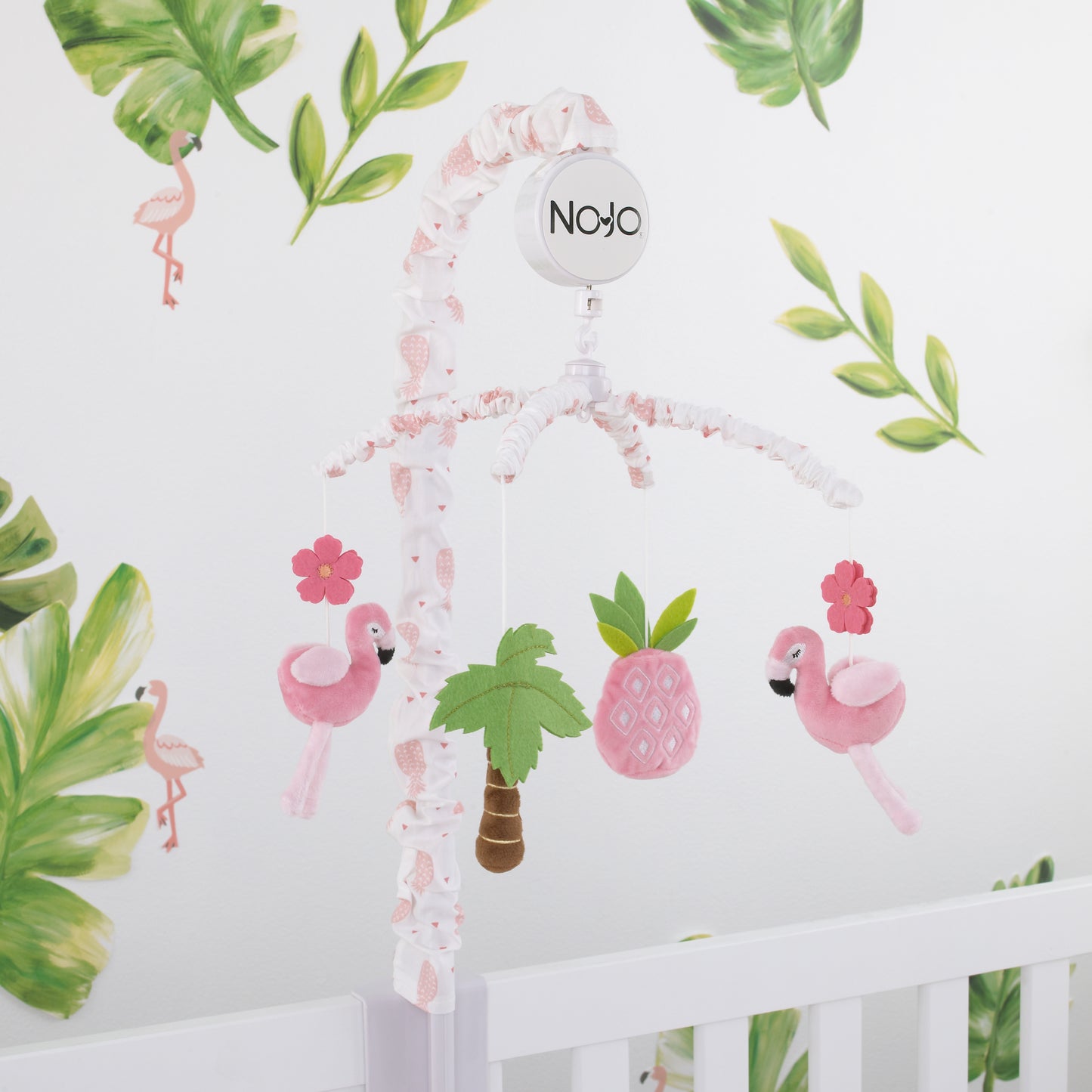 NoJo Tropical Flamingo Nursery Crib Musical Mobile with Plush Pink Flamingos, Flowers, Palm Tree & Pineapple