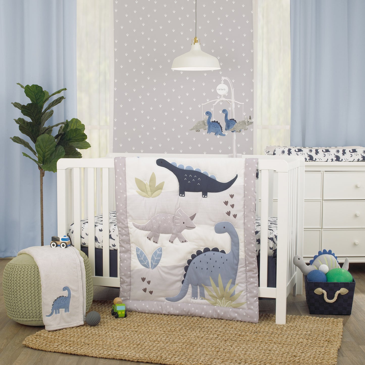Carter's Dino Adventure Super Soft White and Blue Fitted Crib Sheet