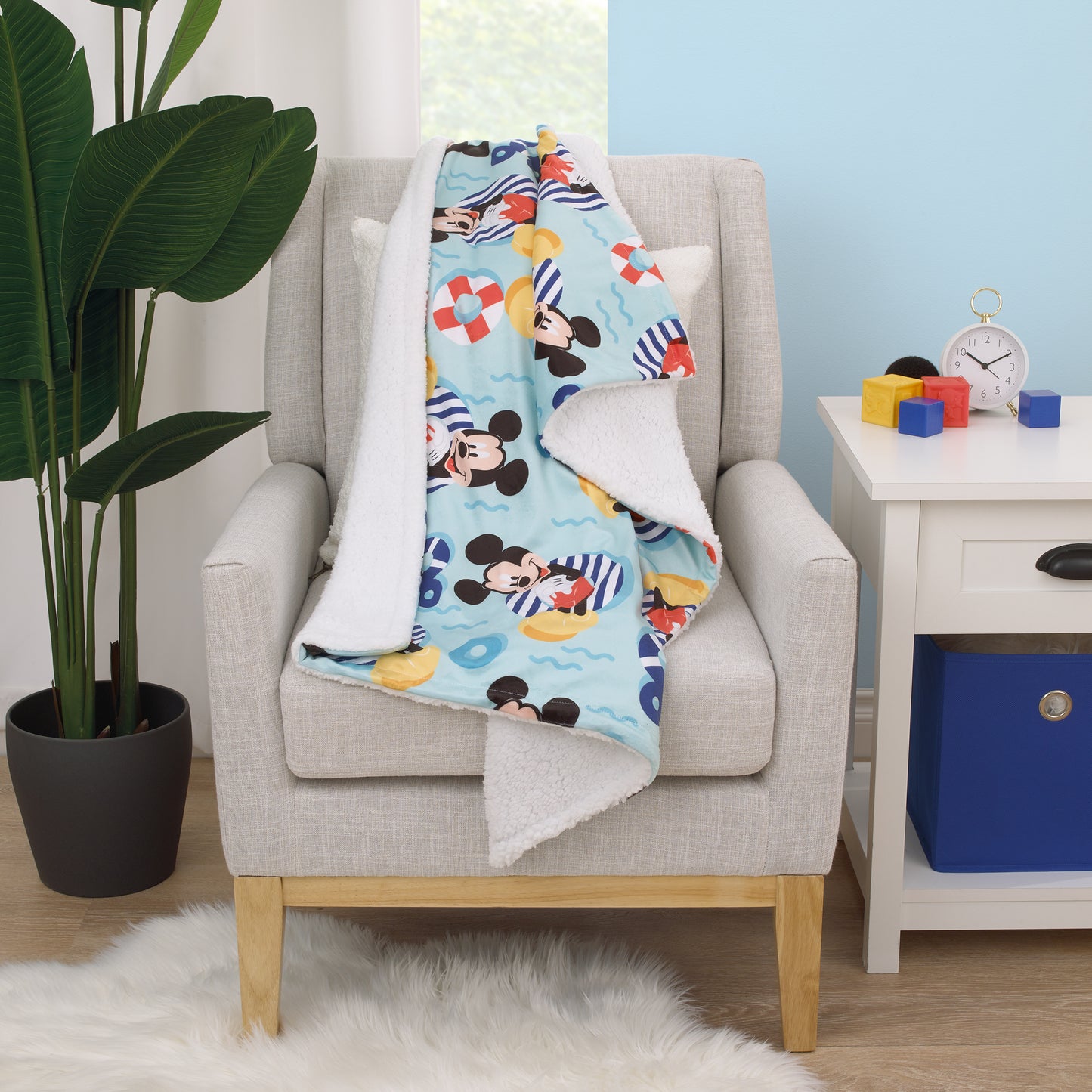 Disney Mickey Mouse Summertime Splash Blue, Orange, Yellow, and White Super Soft Sherpa Baby Blanket