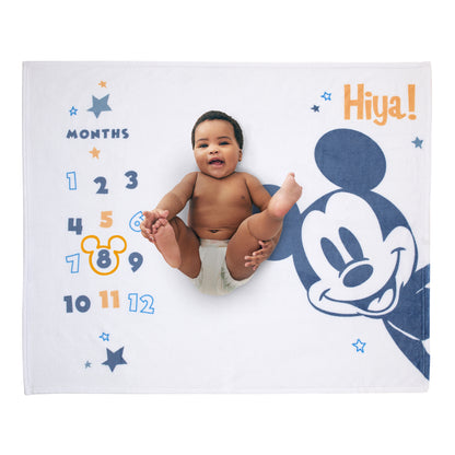 Disney Mickey Mouse White, Blue, and Orange Super Soft Milestone Baby Blanket