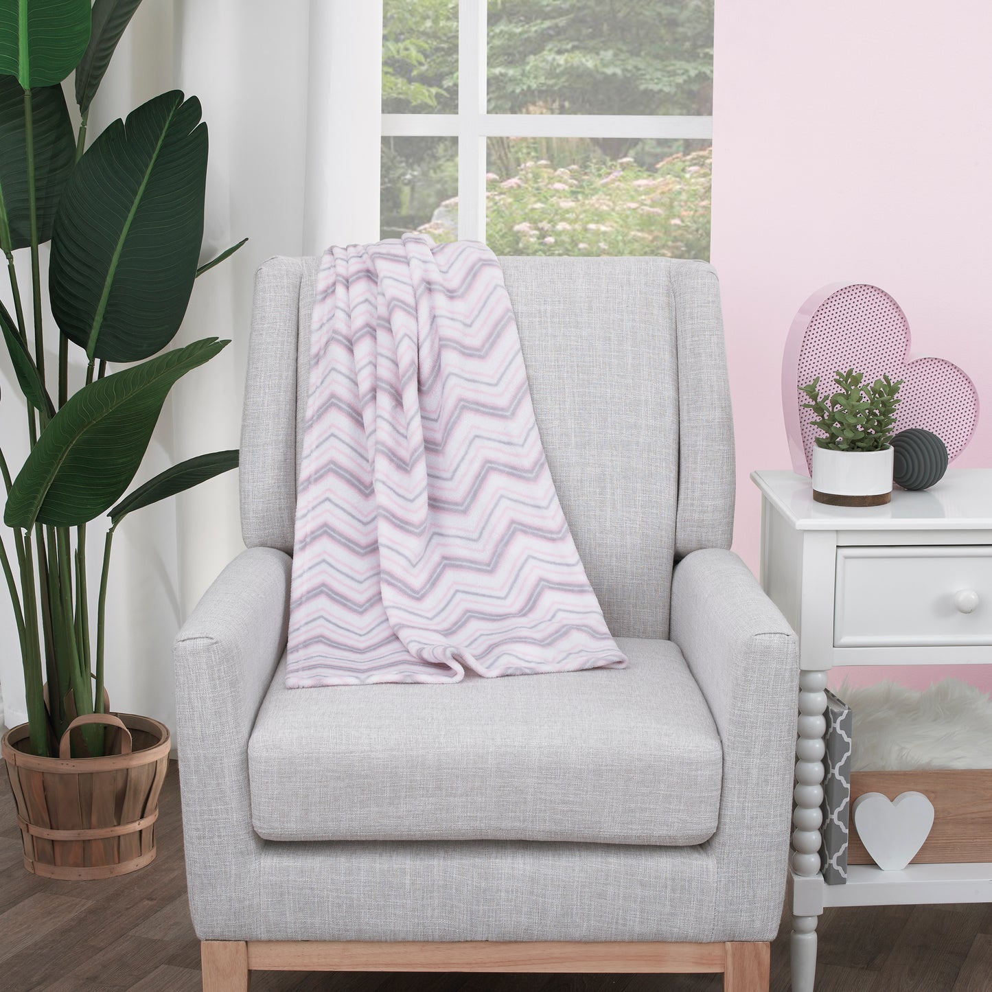 Little Love by NoJo Super Soft Pink, White, and Gray Chevron Plush Baby Blanket