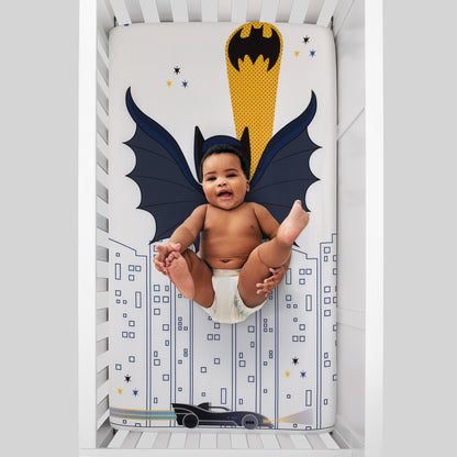 Warner Brothers Batman White and Black Batmobile, Gotham City, and Bat Signal Photo Op Nursery Fitted Crib Sheet