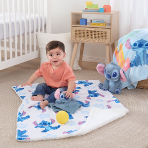 NoJo Disney Stitch Sherpa Baby Blanket, Blue, Pink, and White