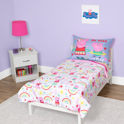 NoJo Peppa Pig 4 Piece Toddler Bed Set - Includes Comforter, Fitted Bottom Sheet, Flat Top Sheet, Reversible Pillowcase